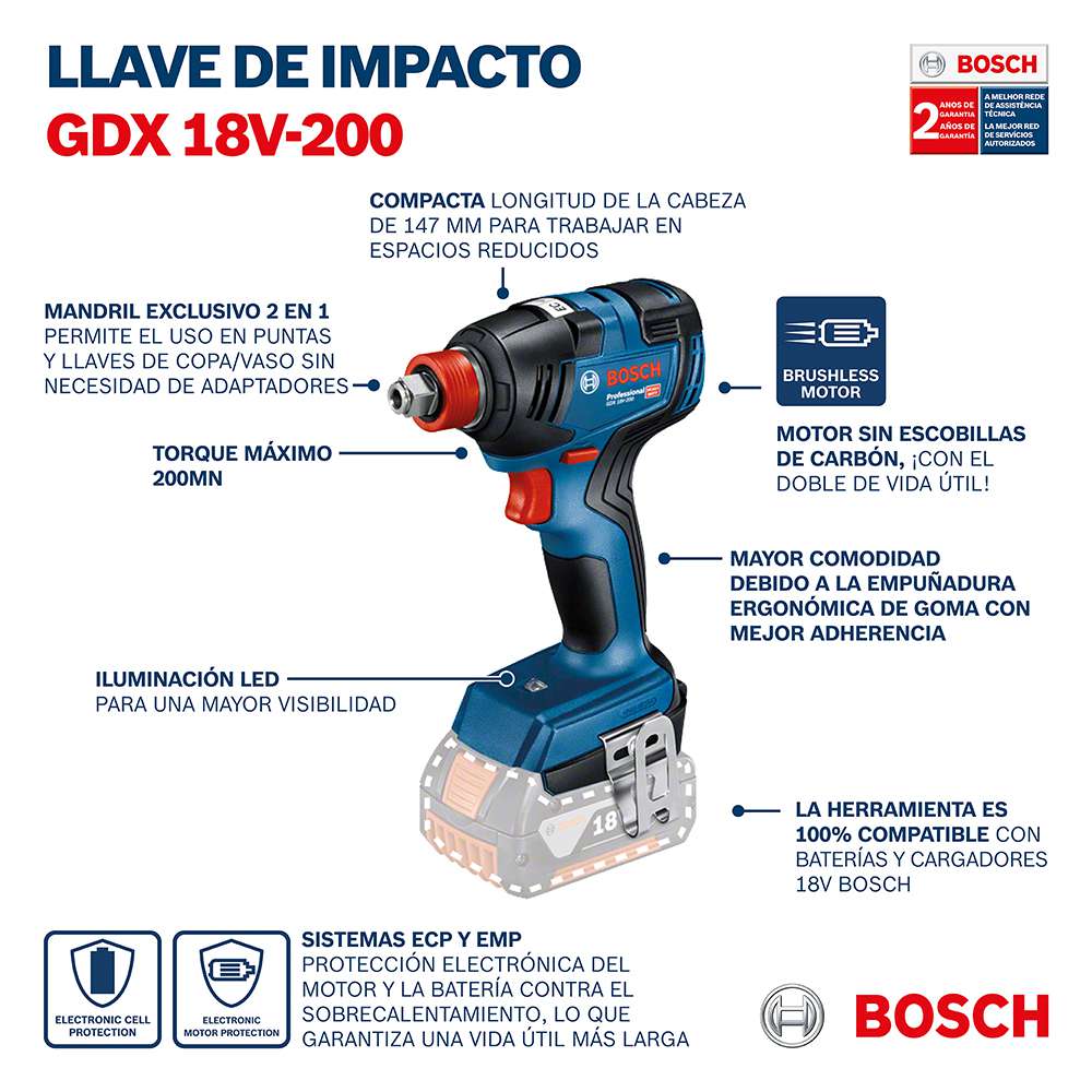 Chave de impacto Bosch GDX 18V-200 Brushless 18V S/BAT.