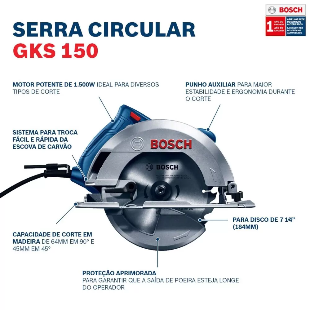 Serra Circular Bosch GKS 150 1500W 220V com 1 Disco de serra Guia paralelo e Bolsa de transporte
