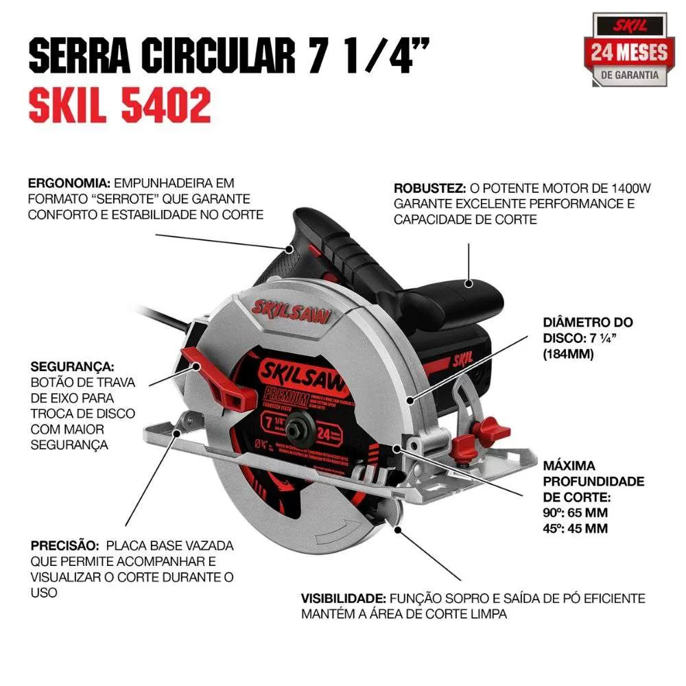 Serra Circular Skil 5402 1400W 220V, com 1 Disco premium 24 dentes e 1 Bolsa