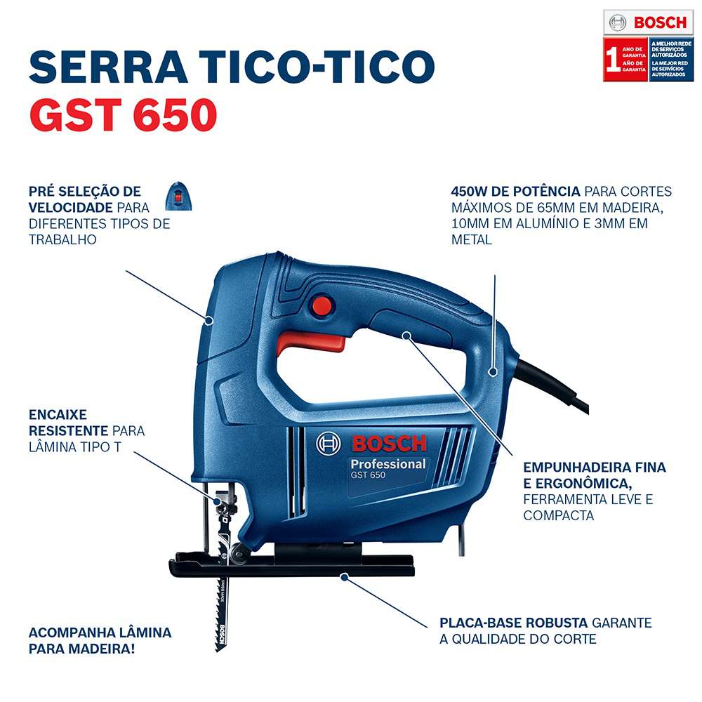 Serra Tico-Tico Bosch GST 650 450W 220V, com 1 Lâmina